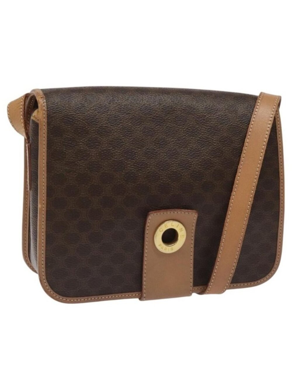 Authentic CELINE Macadam Canvas Shoulder Bag PVC Leather Brown Gold
